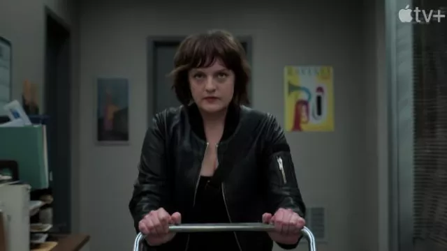 Black Zip Bomber Jacket worn by Kirby (Elisabeth Moss) as seen in Shining Girls Tv series outfits (Season 1)