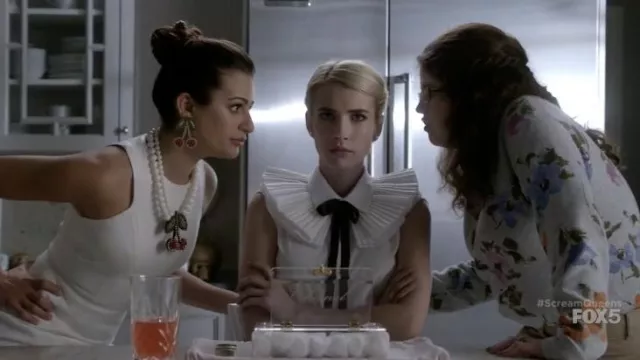 Cherry Earrings by Shourouk worn by Hester Ulrich (Lea Michele) in Scream Queens (S01E05)