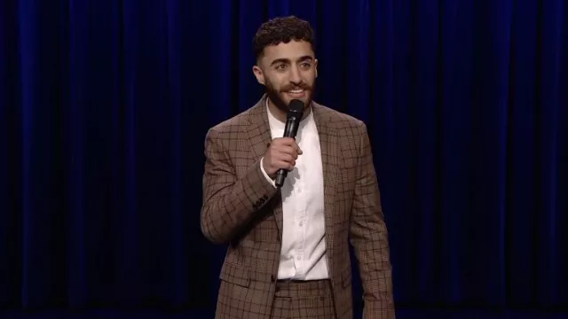 Brown Plaid Blazer Jacket and pants suit set worn by Emil Wakim as seen in The Tonight Show Starring Jimmy Fallon on April 5, 2022
