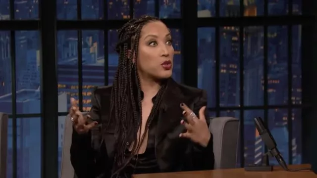 Black Silk ensemble with jacket, top and skirt worn by Robin Thede as seen in Late Night with Seth Meyers on April 5, 2022