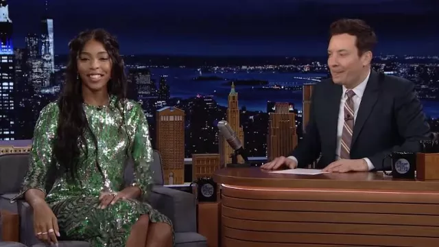 Green Metallic Dress worn by Jessica Williams as seen in The Tonight Show Starring Jimmy Fallon