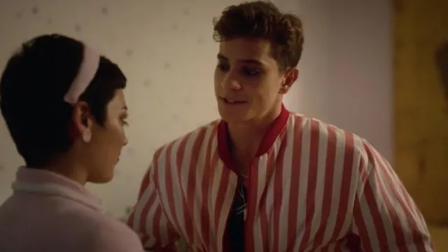 Red White Striped Bomber Jacket worn by Iván Carvalho (André Lamoglia) in Elite TV show wardrobe (Season 5 Episode 3)