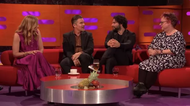 Sleeveless Pink Satin Dress worn by Toni Collette as seen in The Graham Norton Show