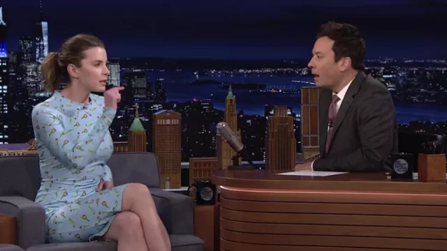 Printed Dress in blue worn by Betty Gilpin as seen in The Tonight Show Starring Jimmy Fallon