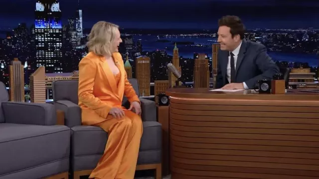 Satin Orange Suit Ensemble worn by Elisabeth Moss as seen in The Tonight Show Starring Jimmy Fallon on April 26, 2022