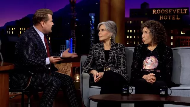 Tweed Blazer Jacket worn by Jane Fonda as seen in The Late Late Show with James Corden on April 27, 2022