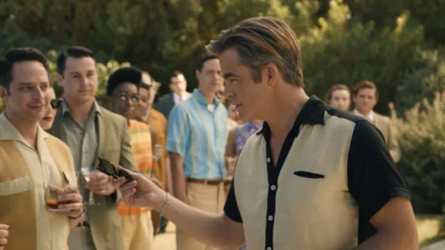 Short Sleeve Beige and black shirt worn by Frank (Chris Pine) as seen in Don't Worry Darling movie outfits