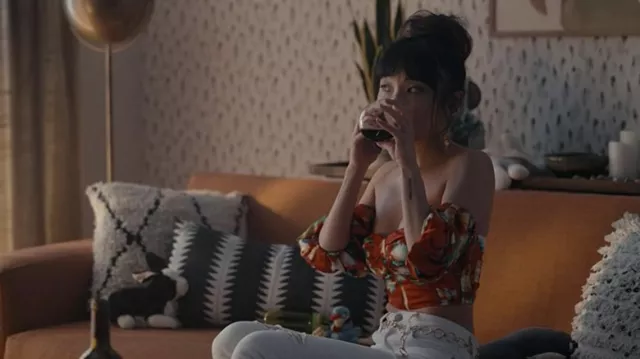 Red Floral Top worn by Kiki (Poppy Liu) as seen in Hacks TV series outfits (Season 1 Episode 6)