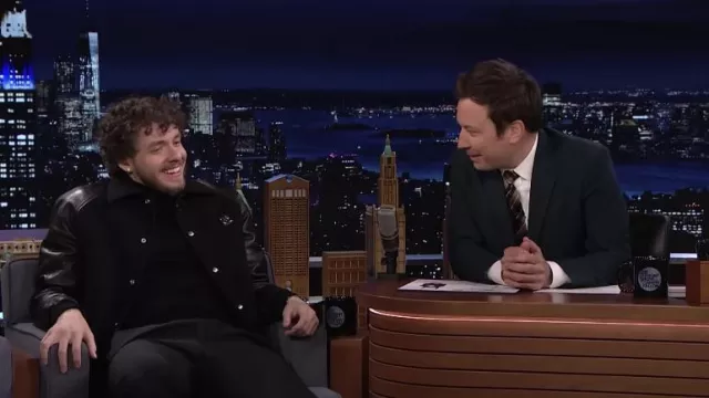 Black Leather Varsity Jacket worn by Jack Harlow as seen in The Tonight Show Starring Jimmy Fallon