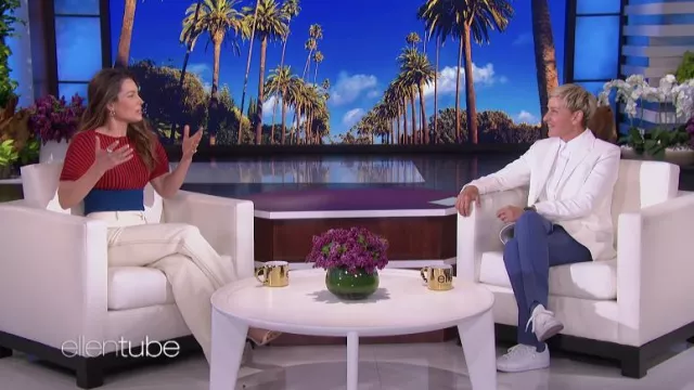 Red and blue top worn by Jessica Biel as seen in The Ellen DeGeneres Show