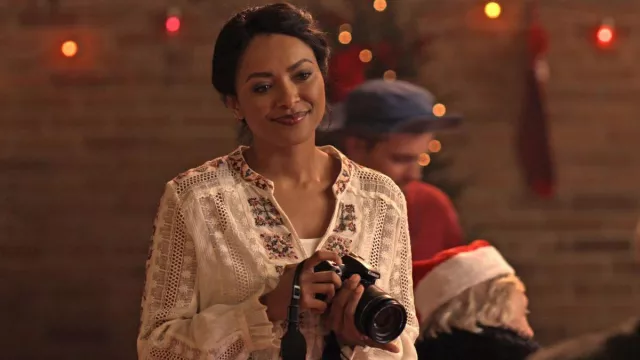 White embroidered knitted shirt  worn by Abby Sutton Kat Graham in The Holiday Calendar