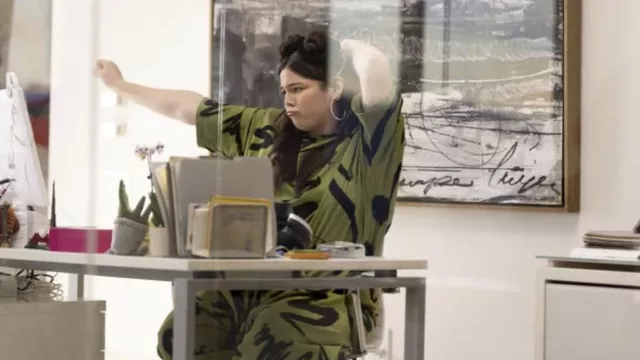 Printed Green Jumpsuit worn by Kayla (Megan Stalter) as seen in Hacks TV series wardrobe (Season 2 Episode 2)
