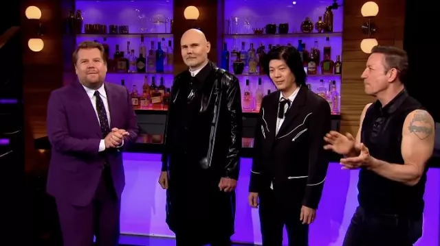 Long leather coat worn by Billy Corgan from Smashing Pumpkins as seen in The Late Late Show with James Corden