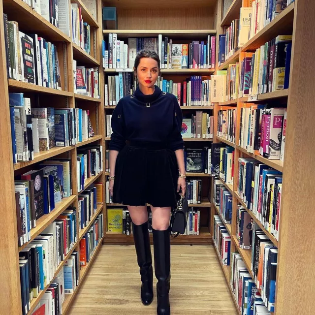 Louis Vuitton navy turtleneck coat by Ana de Armas on her Instagram account @ana_d_armas