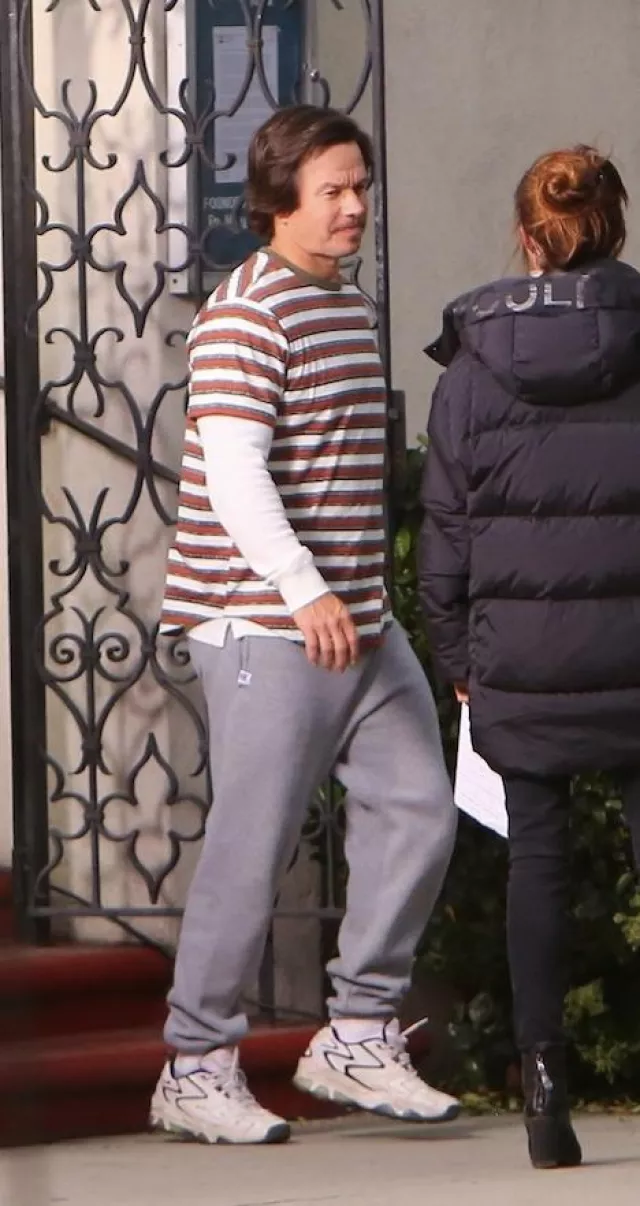 White sneakers worn by Mark Wahlberg as seen on the set of Father Stu on April, 2021