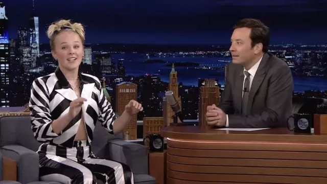 Black and white Striped Jacket and pants Suit worn by JoJo Siwa as seen in The Tonight Show Starring Jimmy Fallon on May 22, 2022