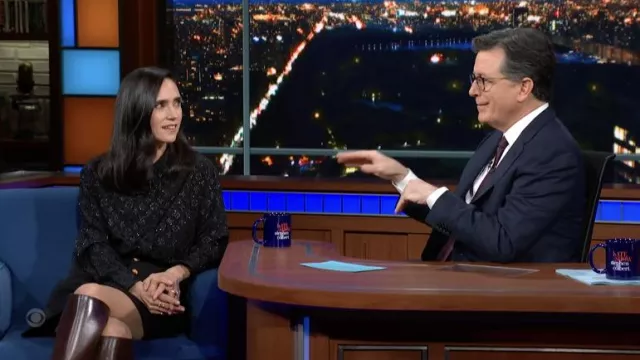 Louis Vuitton Monogram Printed Dress worn by Jennifer Connelly as seen in The Late Show with Stephen Colbert on May 23, 2022