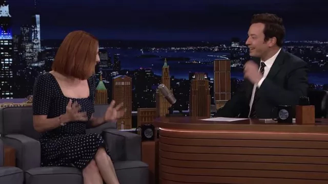 Polka Dots Navy Blue Dress worn by Jen Psaki as seen in The Tonight Show Starring Jimmy Fallon