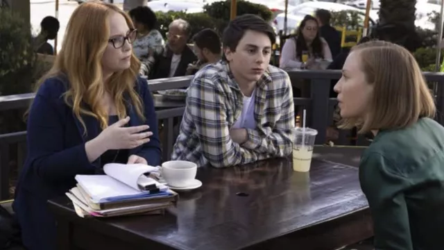 Blue blazer jacket worn by Jill (Jessica Chaffin) as seen in Hacks TV show (Season 2 Episode 7)