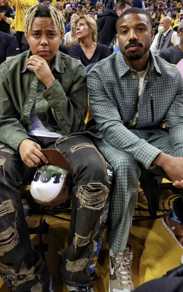The jacket worn by Michael B. Jordan during the second game of the 2022 NBA  Finals between the Golden State Warriors and Boston Celtics at the Chase  Center on June 5, 2022