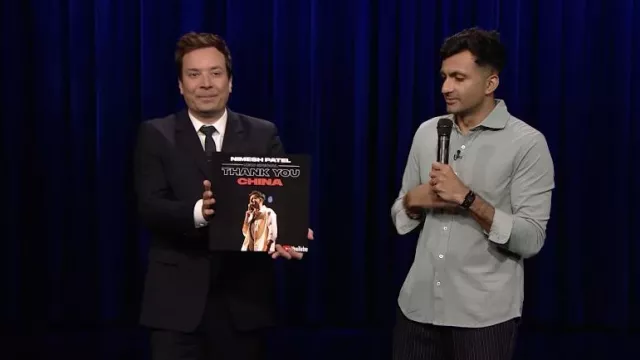 Grey shirt worn by Nimesh Patel as seen in The Tonight Show Starring Jimmy Fallon on June 6, 2022
