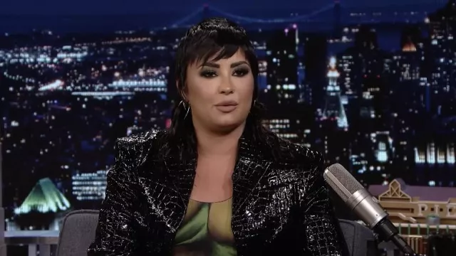 Leather jacket worn by Demi Lovato as seen in The Tonight Show Starring Jimmy Fallon on June 9, 2022