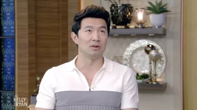Grey and white Zip Polo Shirt worn by Simu Liu as seen in LIVE with Kelly and Ryan