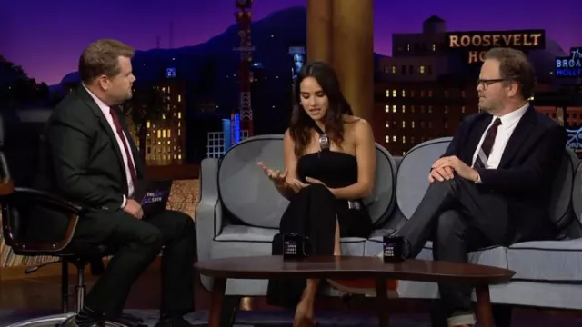 Black off shoulder dress worn by Adria Arjona as seen in The Late Late Show with James Corden on June 9, 2022