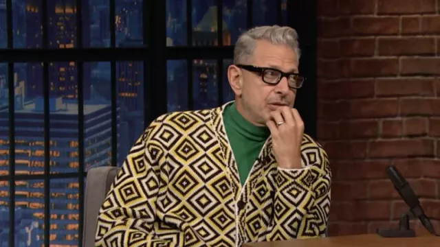 Yellow geometric printed cardigan worn by Jeff Goldblum as seen in Late Night with Seth Meyers on June 9, 2022