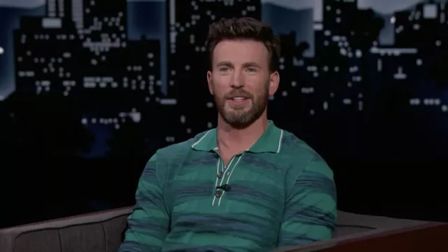 Green Striped Polo shirt worn by Chris Evans as seen in Jimmy Kimmel Live! on June 10, 2022