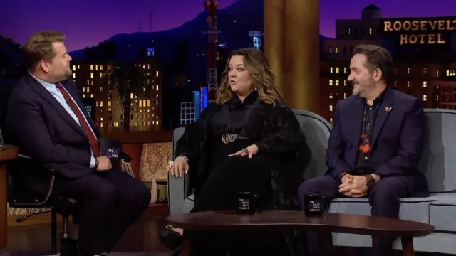 Black satin dress worn by Melissa McCarthy as seen in The Late Late Show with James Corden on June 13, 2022