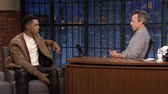 Suede brown jacket worn by Jabari Banks as seen in Late Night with Seth Meyers