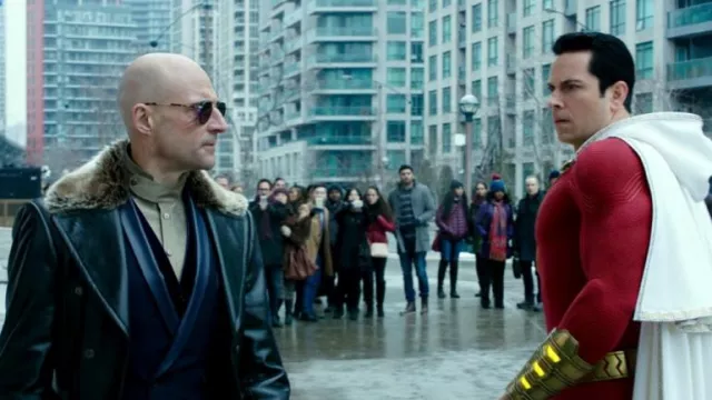 The fur-collared leather coat worn by Dr. Sivana (Mark Strong) in the movie Shazam!