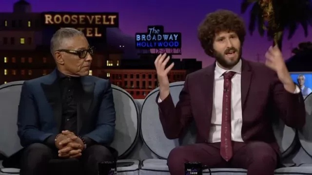 Printed purple Tie worn by Dave Burd / Lil Dicky as seen in The Late Late Show with James Corden