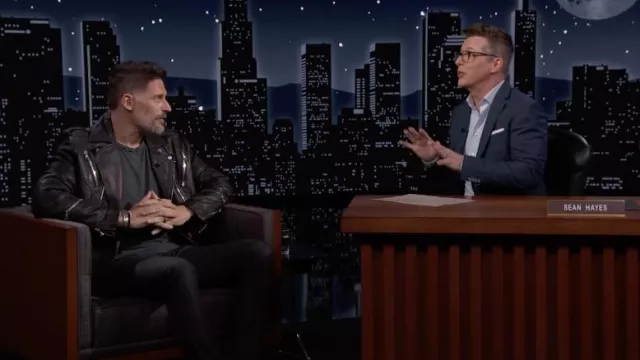 Leather biker jacket worn by Joe Manganiello as seen in Jimmy Kimmel Live! on June 21, 2022