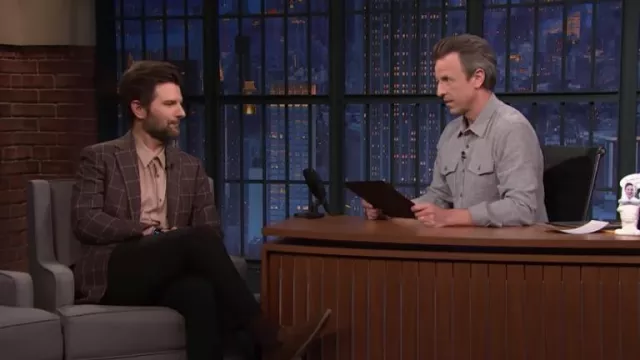 Checkered brown blazer jacket worn by Adam Scott as seen in Late Night with Seth Meyers 