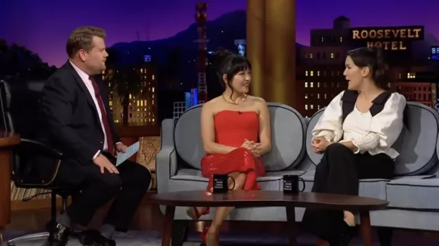 Red dress worn by Constance Wu as seen in The Late Late Show with James Corden