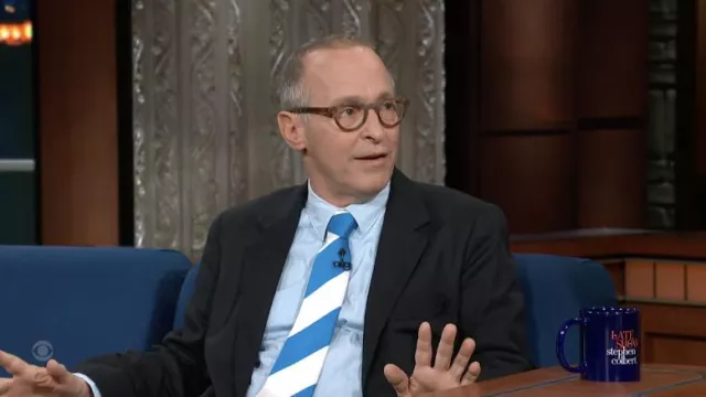 White and blue striped tie worn by David Sedaris in The Late Show with Stephen Colbert 