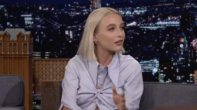 Lilac Bow Button Blouse Shirt worn by Emma Chamberlain in The Tonight Show Starring Jimmy Fallon on June 22, 2022