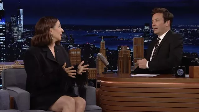 Feather sleeve blazer jacket in black worn by Maya Rudolph in The Tonight Show Starring Jimmy Fallon on June 22, 2022