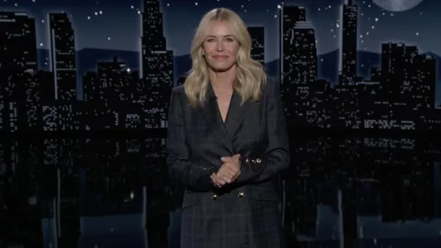 Long Plaid Tartan Blazer Jacket worn by Chelsea Handler as seen in Jimmy Kimmel Live!