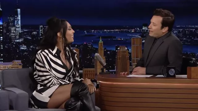 Black and white Striped shirt dress worn by Michaela Jaé Rodriguez as seen in The Tonight Show Starring Jimmy Fallon