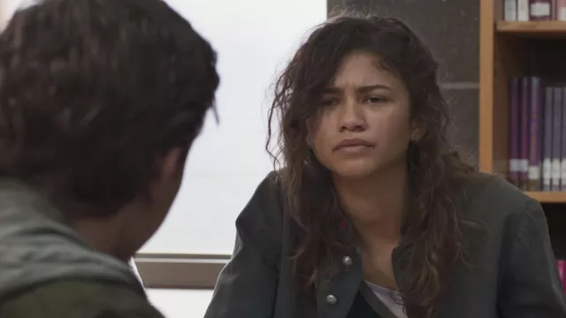 Grey button up jacket worn by Michelle Jones (Zendaya) as seen in Spider-Man: Homecoming movie outfits