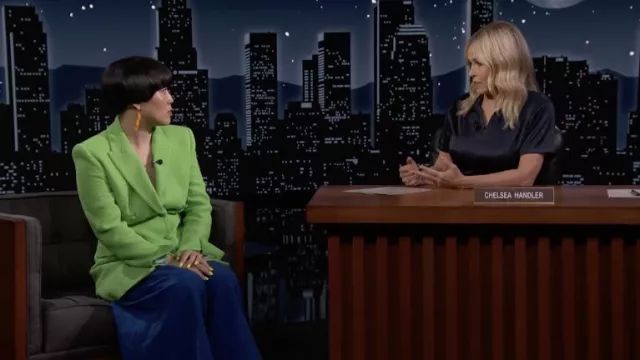Green blazer jacket worn by Atsuko Okatsuka as seen in Jimmy Kimmel Live!