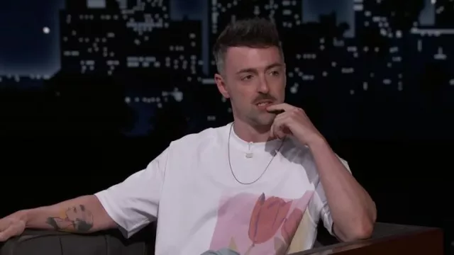 Printed White T-shirt worn by Matteo Lane as seen in Jimmy Kimmel Live!