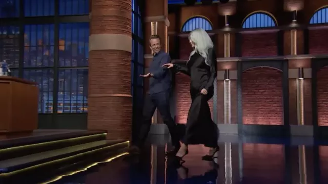 Black silk long dress worn by Kesha in Late Night with Seth Meyers