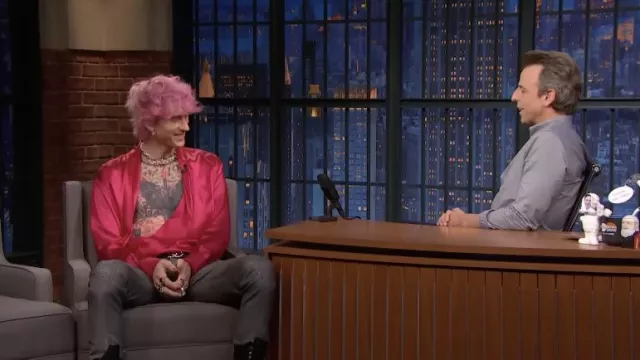 Pink silk shirt worn by Machine Gun Kelly as seen in Late Night with Seth Meyers