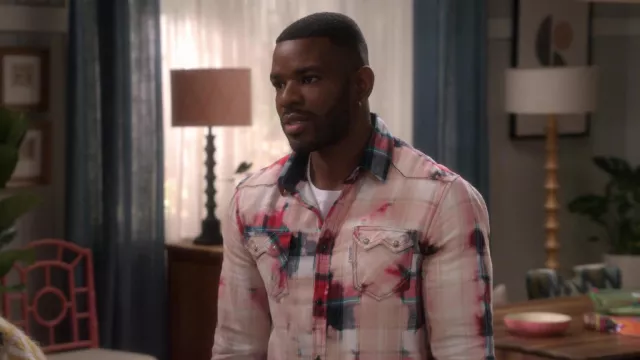 Guess plaid shirt in pink worn by Bernard (Jermelle Simon) as seen in The Upshaws TV show outfits (Season 2 Episode 2)