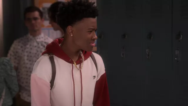 White and Red Puma Hoodie worn by Kelvin (Diamond Lyons) as seen in The Upshaws Outfits (Season 2 Episode 2)