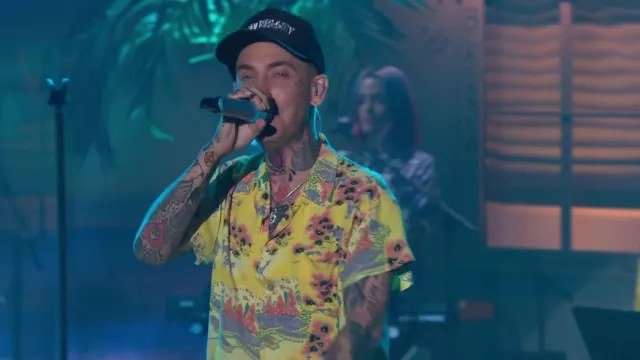 Yellow floral button up shirt worn by Blackbear as seen on The Late Late Show with James Corden on 2020